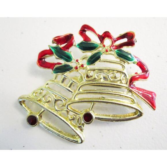 Vintage Christmas Bells Goldtone Brooch Holiday Pin Large - Picture 1 of 3